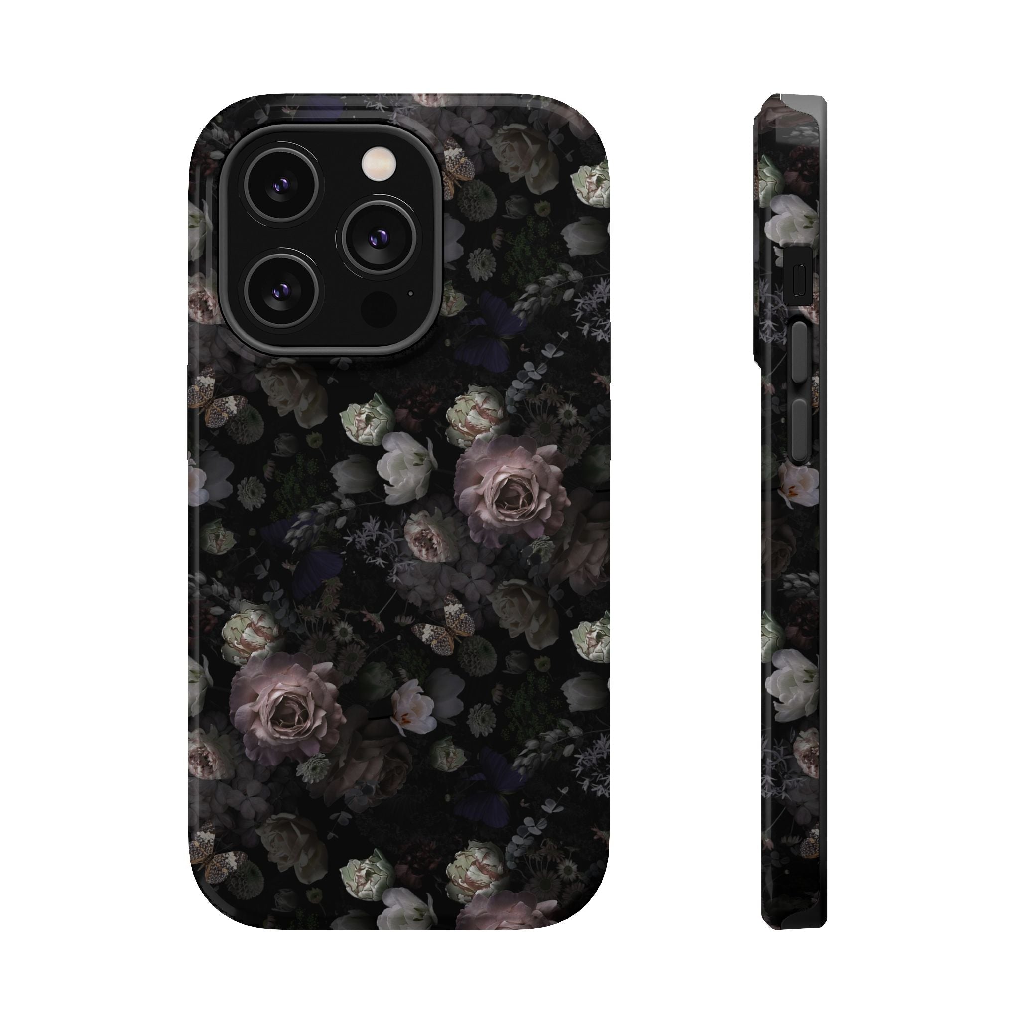 Cute MagSafe iPhone case with black floral design, featuring stylish black roses. Perfect floral iPhone case for trendsetters.