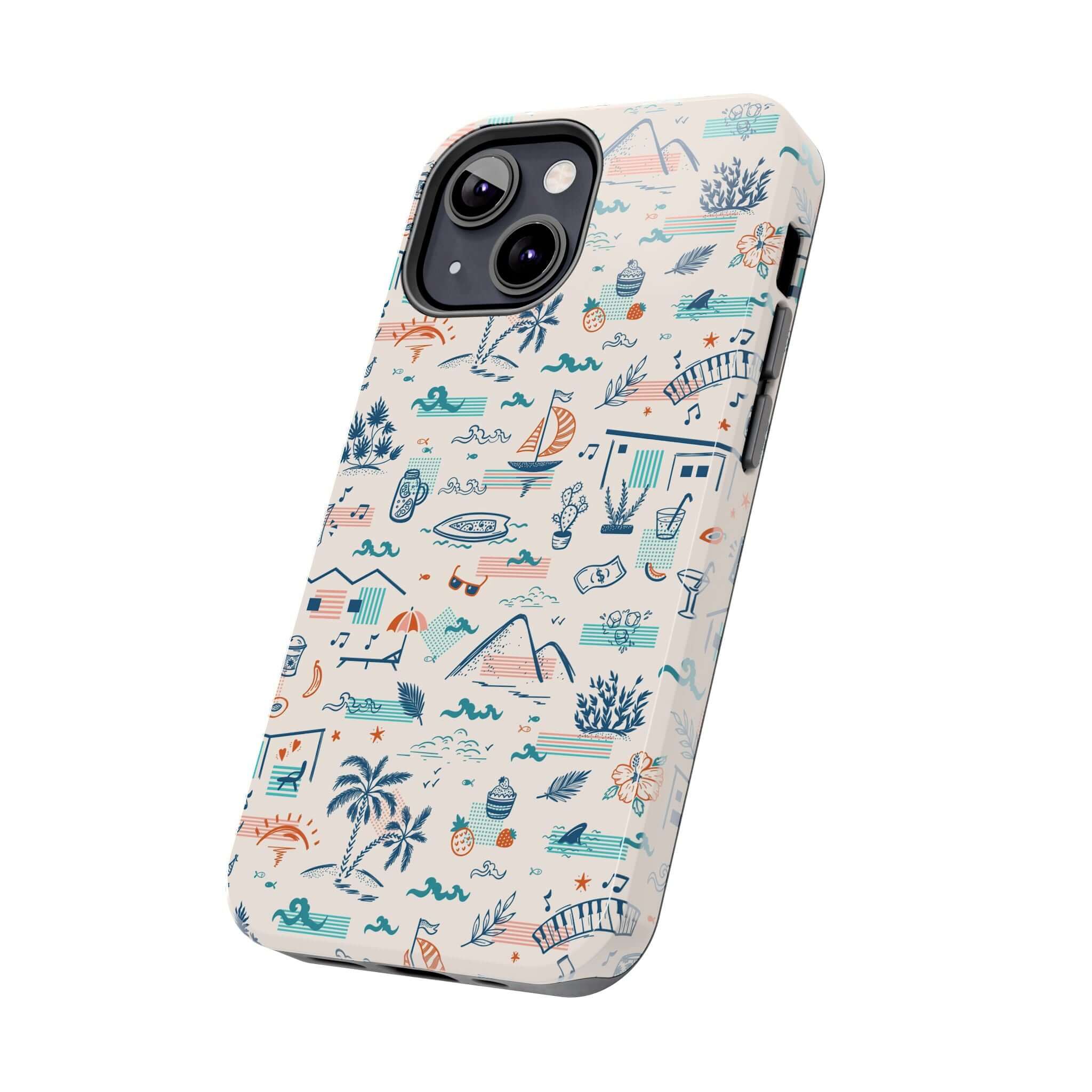 Colorful summer-themed iPhone case with playful vacation icons for iPhone 14 Pro Max.