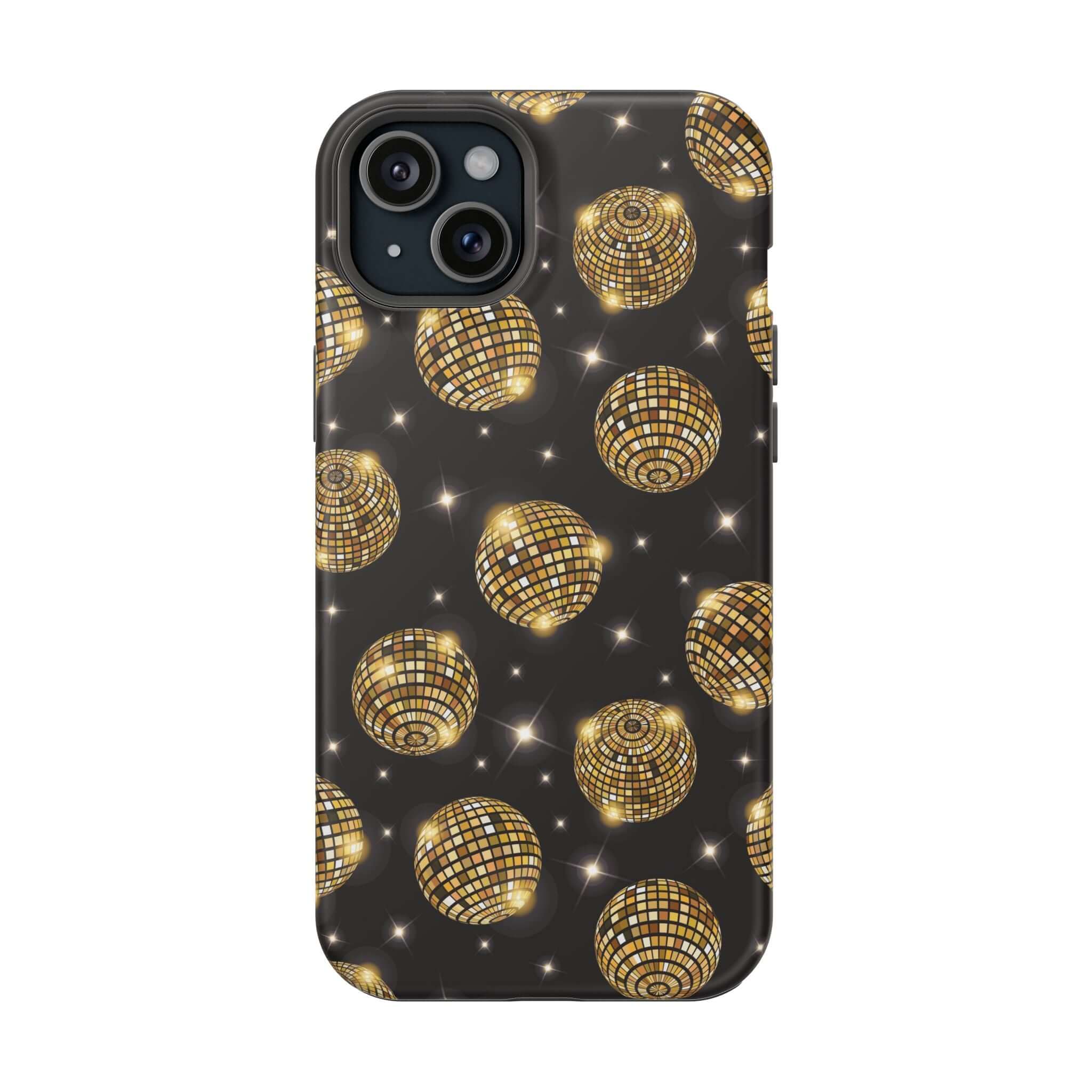 Cute iPhone 14 case with gold disco ball design, phone cover with free shipping.