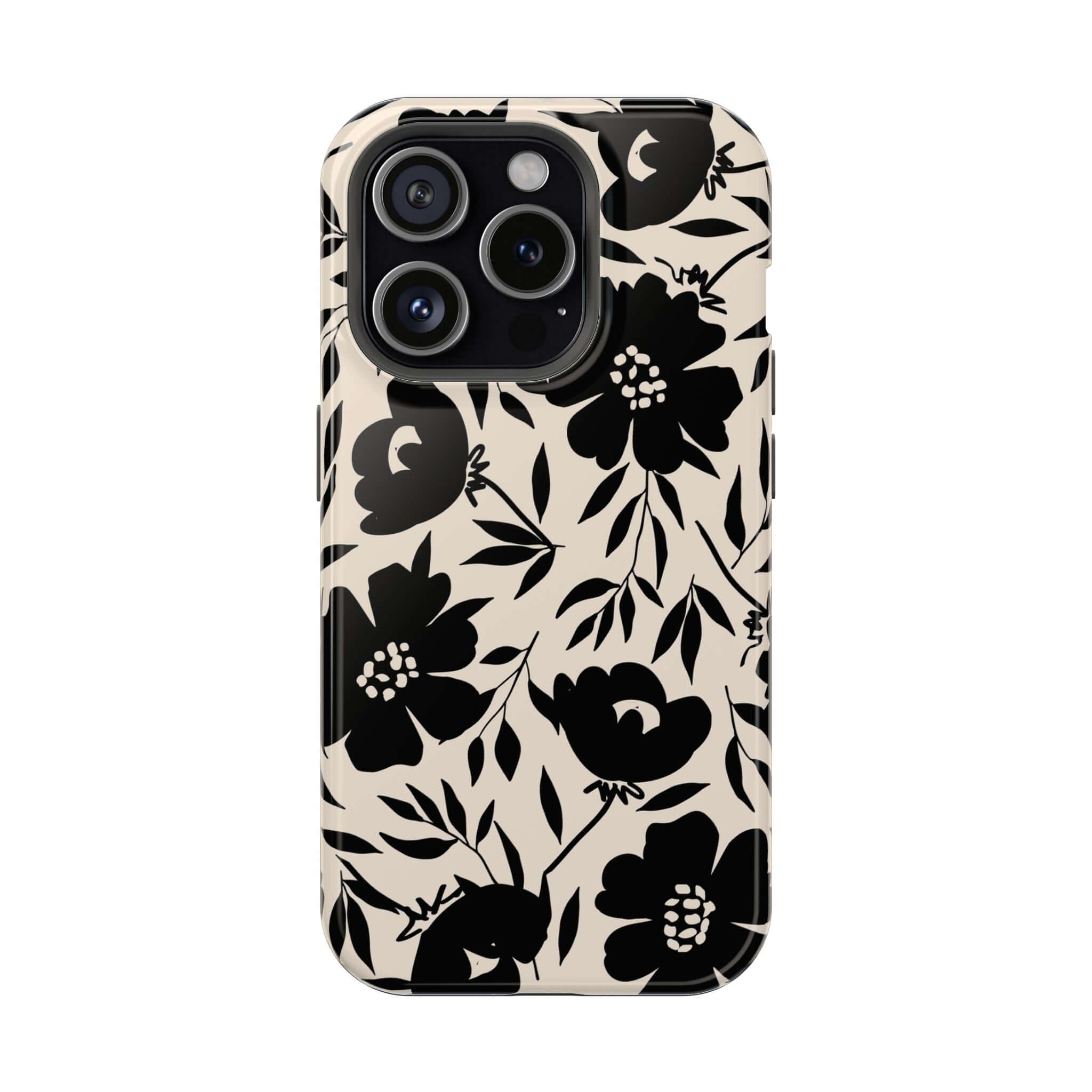 Cute iPhone 16 case with bold black floral design, Eclipse Garden style.