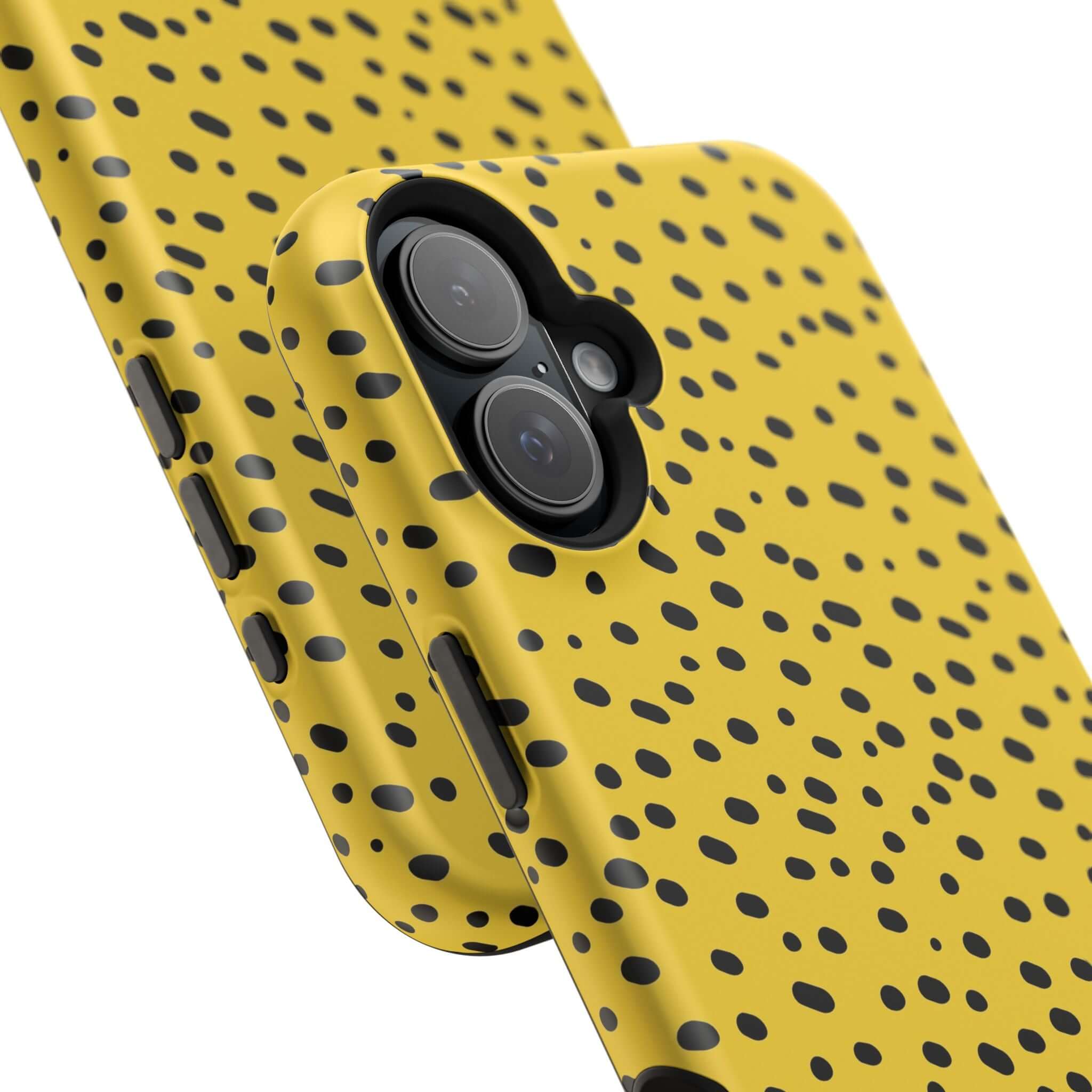 Yellow Cheetah iPhone Case with bold cheetah spots by Spot On, featuring MagSafe compatibility. Colorful and cute protective phone case.