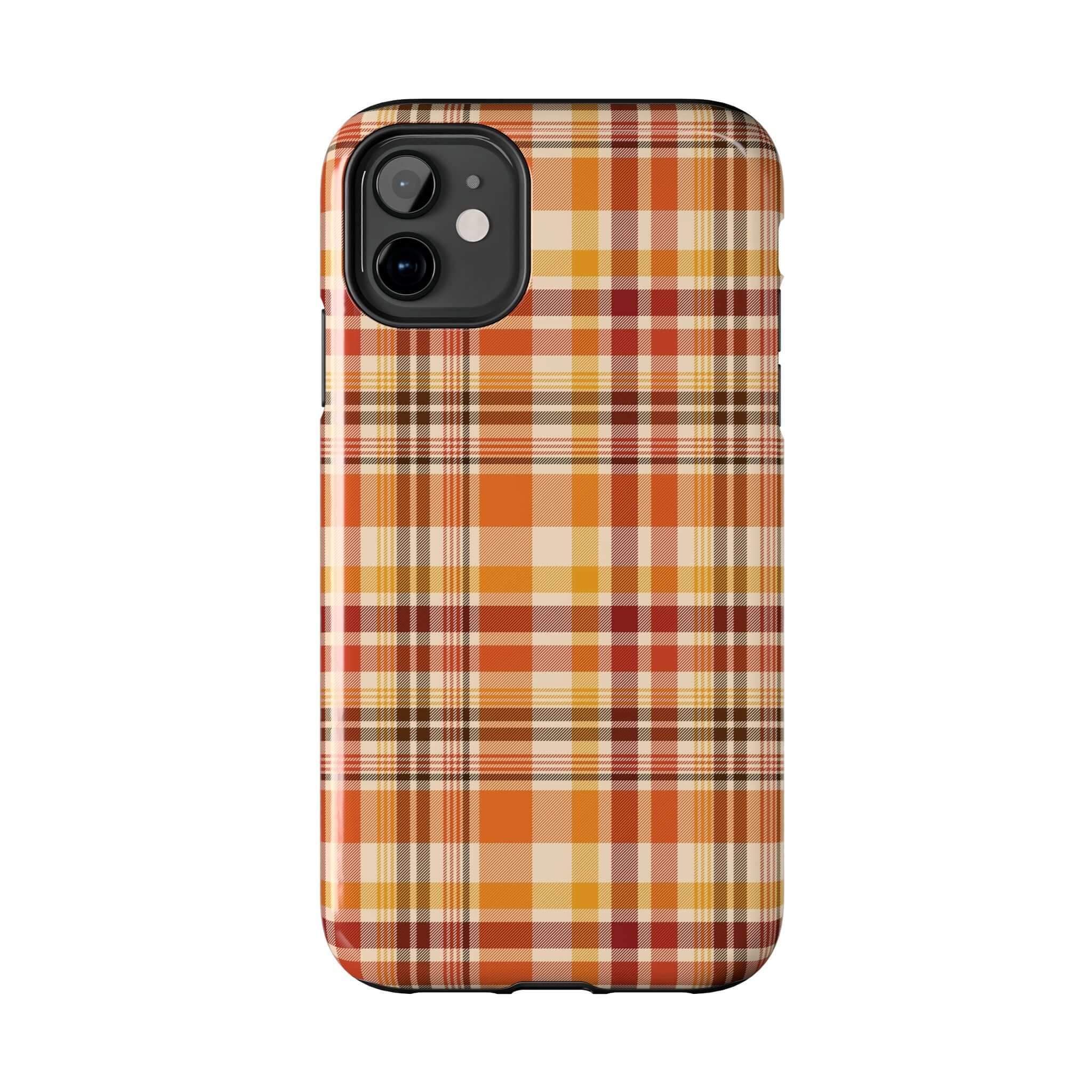 Autumn Air fall plaid iPhone case with orange and brown checkered design, perfect as a cute Halloween phone case for the autumn season.