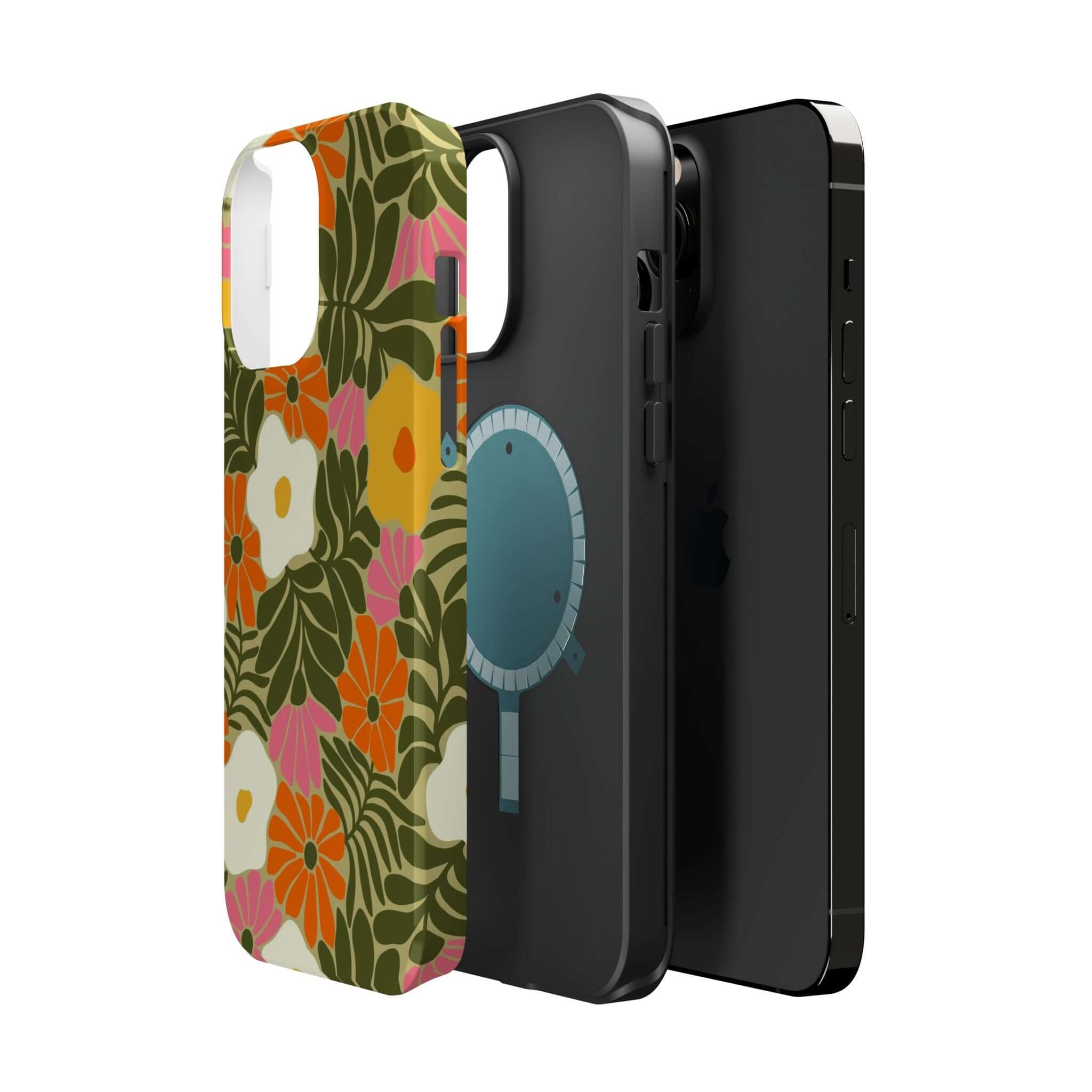 Retro tropical floral phone cases showcasing vibrant designs and MagSafe compatibility for Apple iPhone.