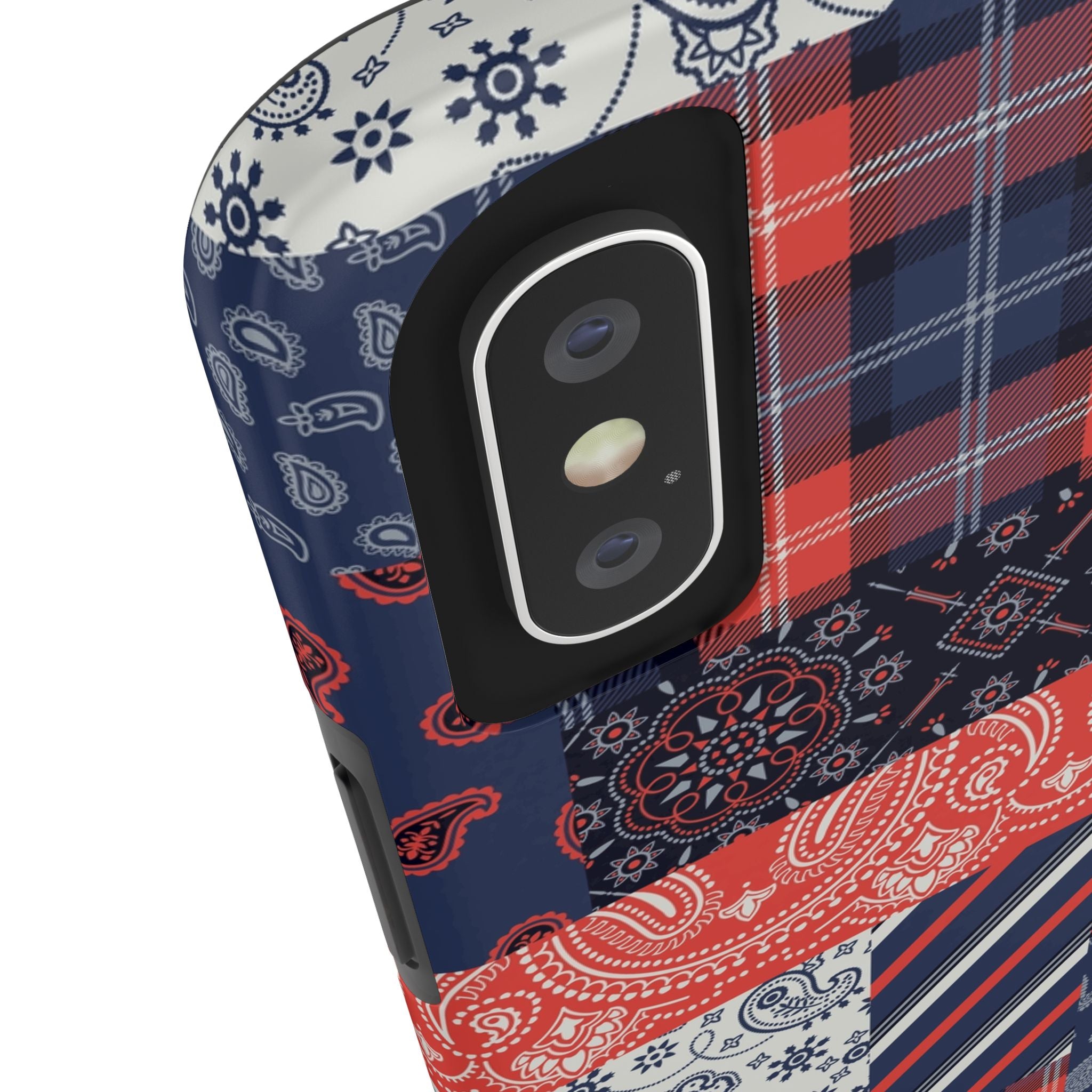 Close-up of Boho Bandit iPhone case with bandana patchwork design, featuring red and navy patterns.