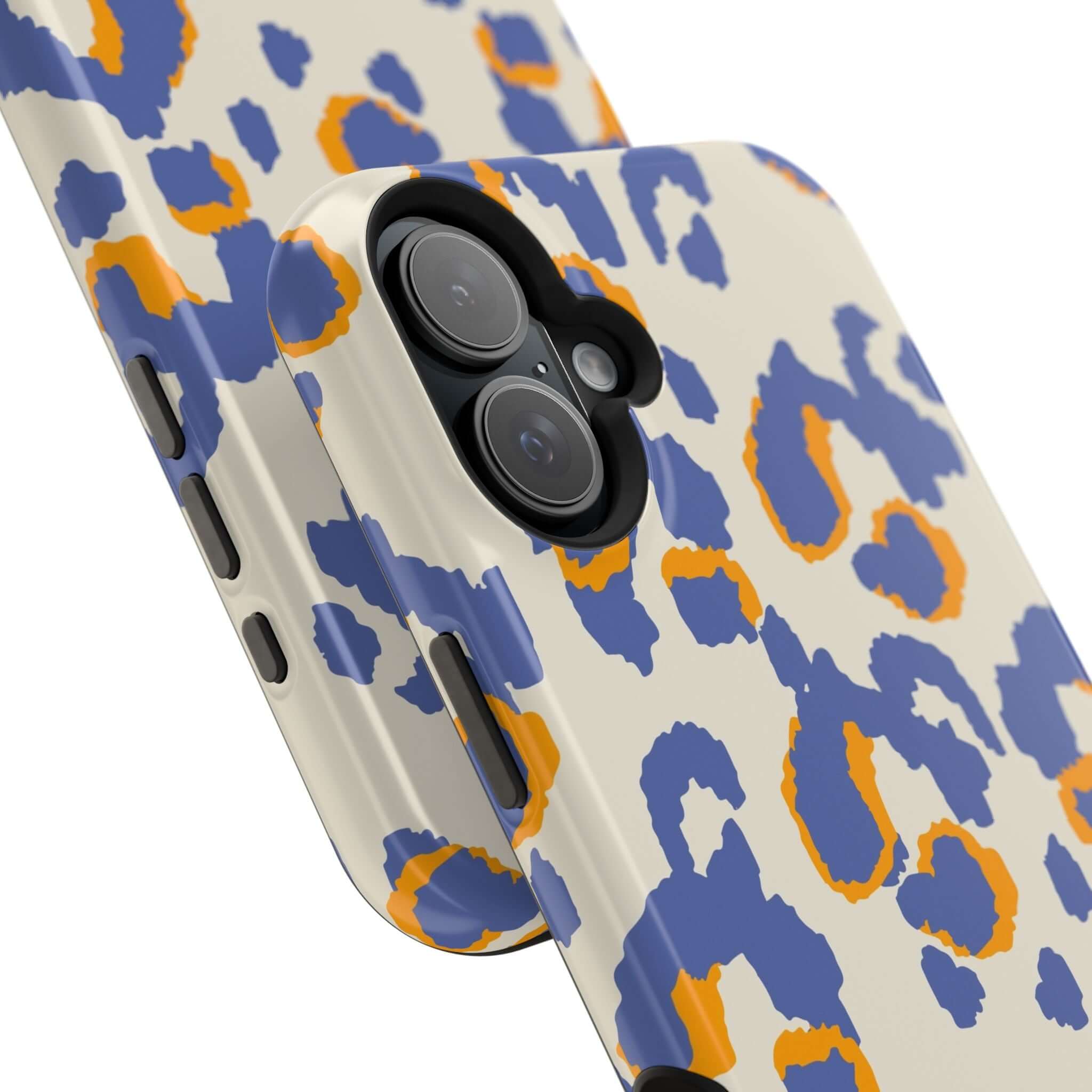 Colorful iPhone case with blue leopard print, Safari Blaze design, cute and abstract MagSafe phone case for style and protection.