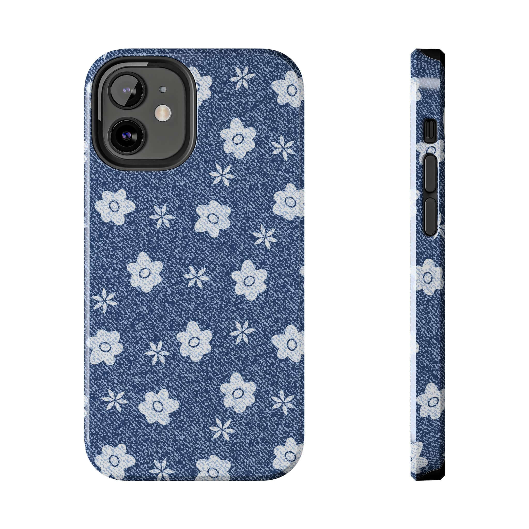 Daisies denim phone case for iPhone featuring cute floral design, perfect for iPhone 14 Pro Max and other models.