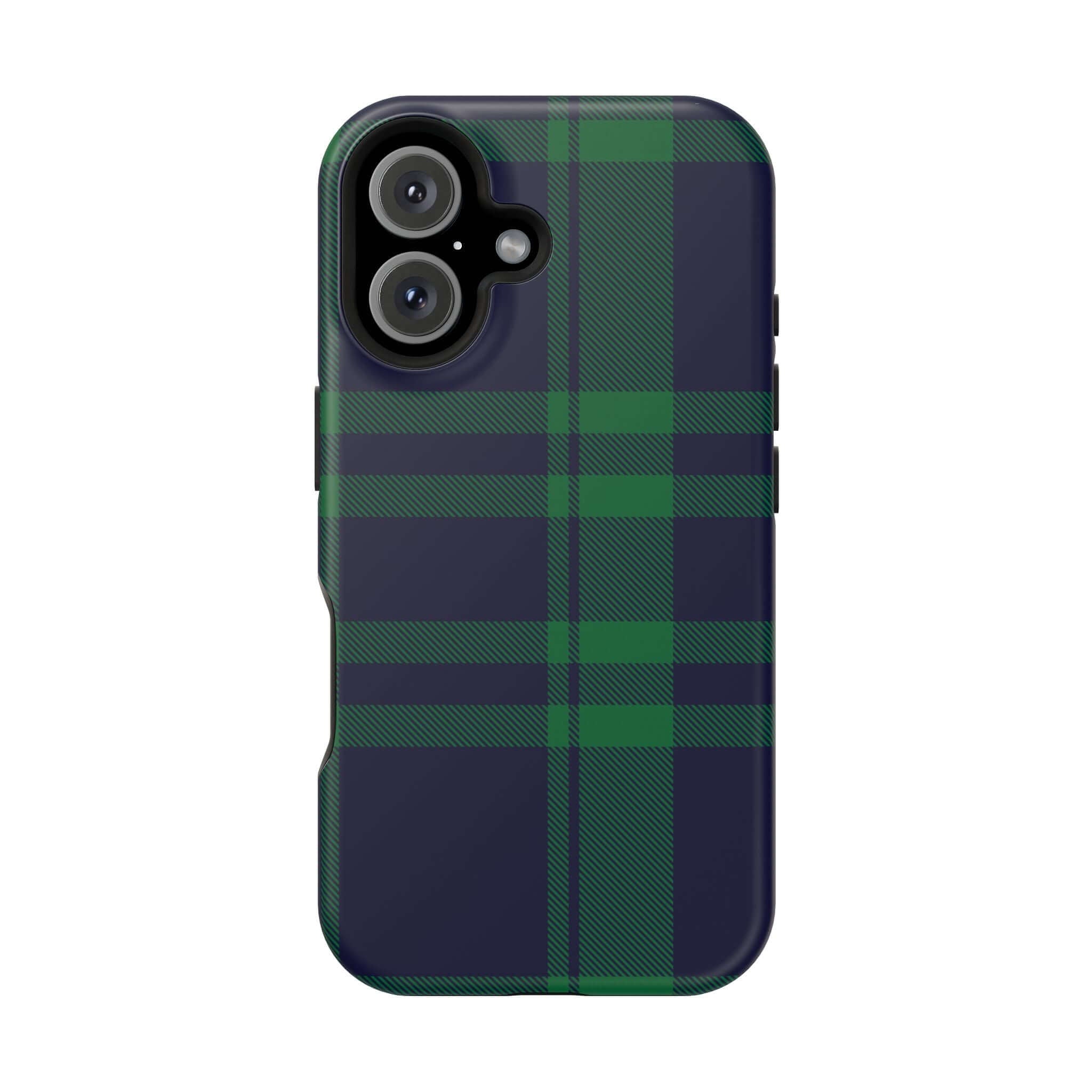 Festive Mistletoe Plaid MagSafe Case for iPhone, cute phone cover with green and navy plaid design for holiday cheer.