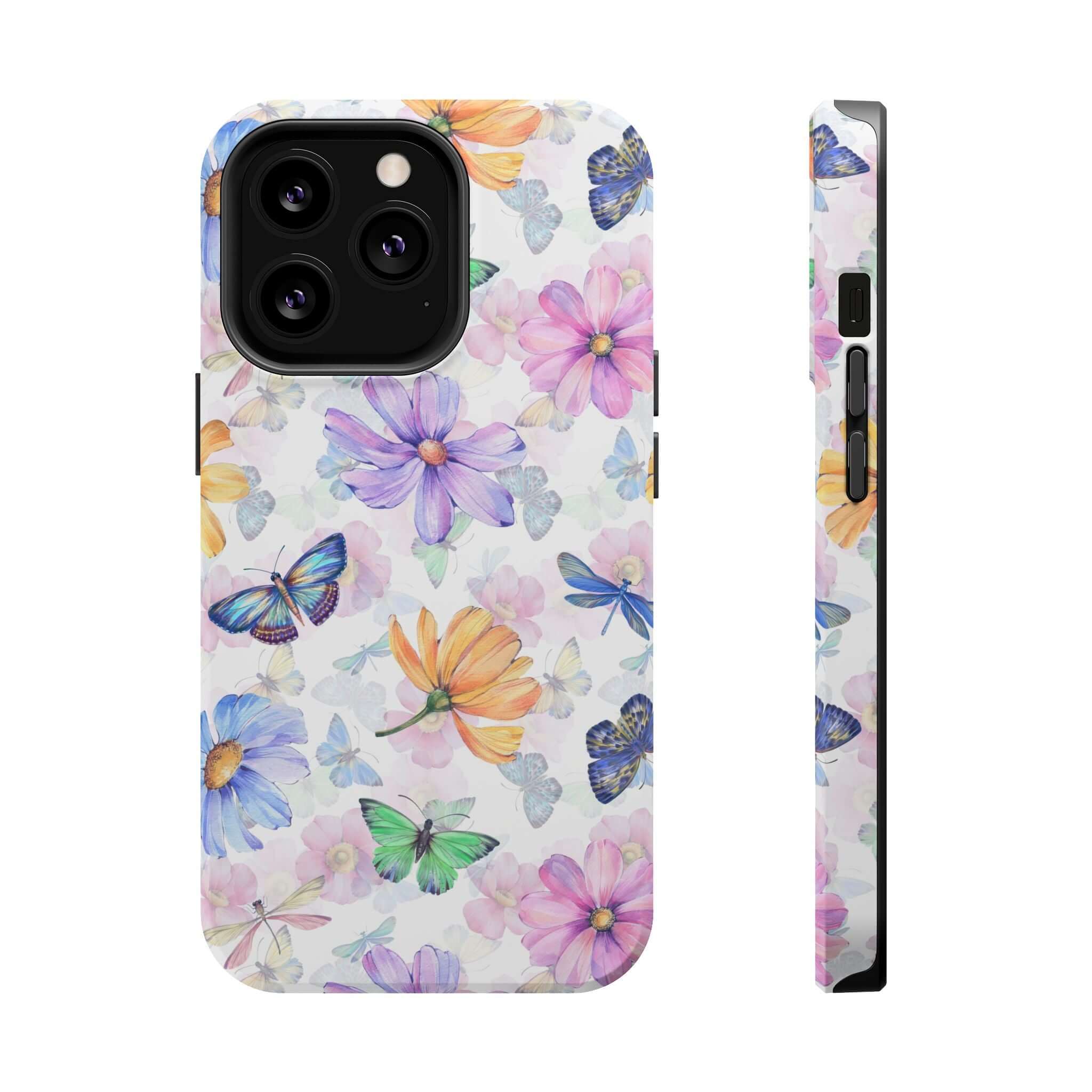 Cute MagSafe iPhone 16 case with watercolor butterfly design, featuring colorful flowers and butterflies, protective phone case.