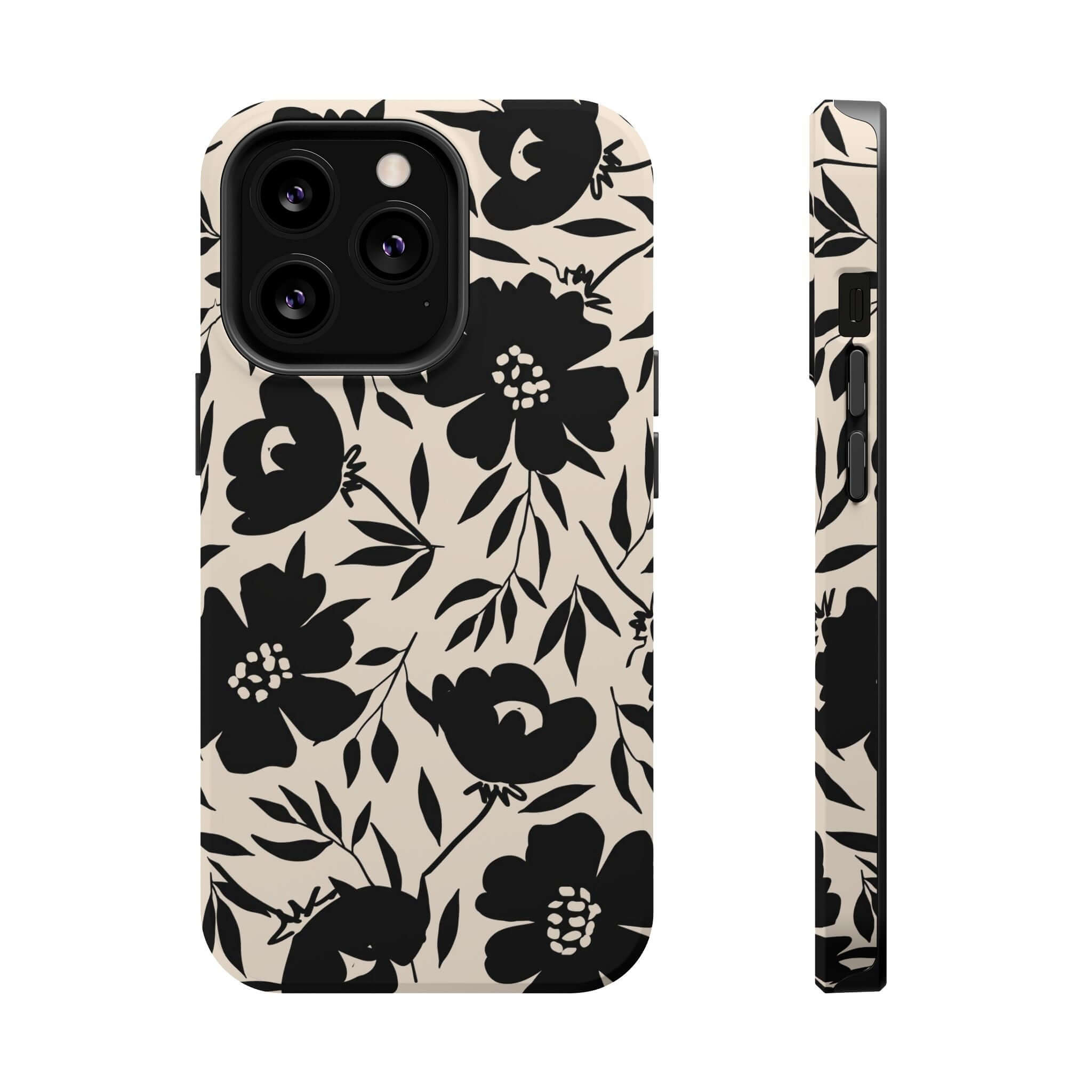 Black floral iPhone 16 case, cute and daring design from Eclipse Garden collection. Embrace bold style with this unique accessory.