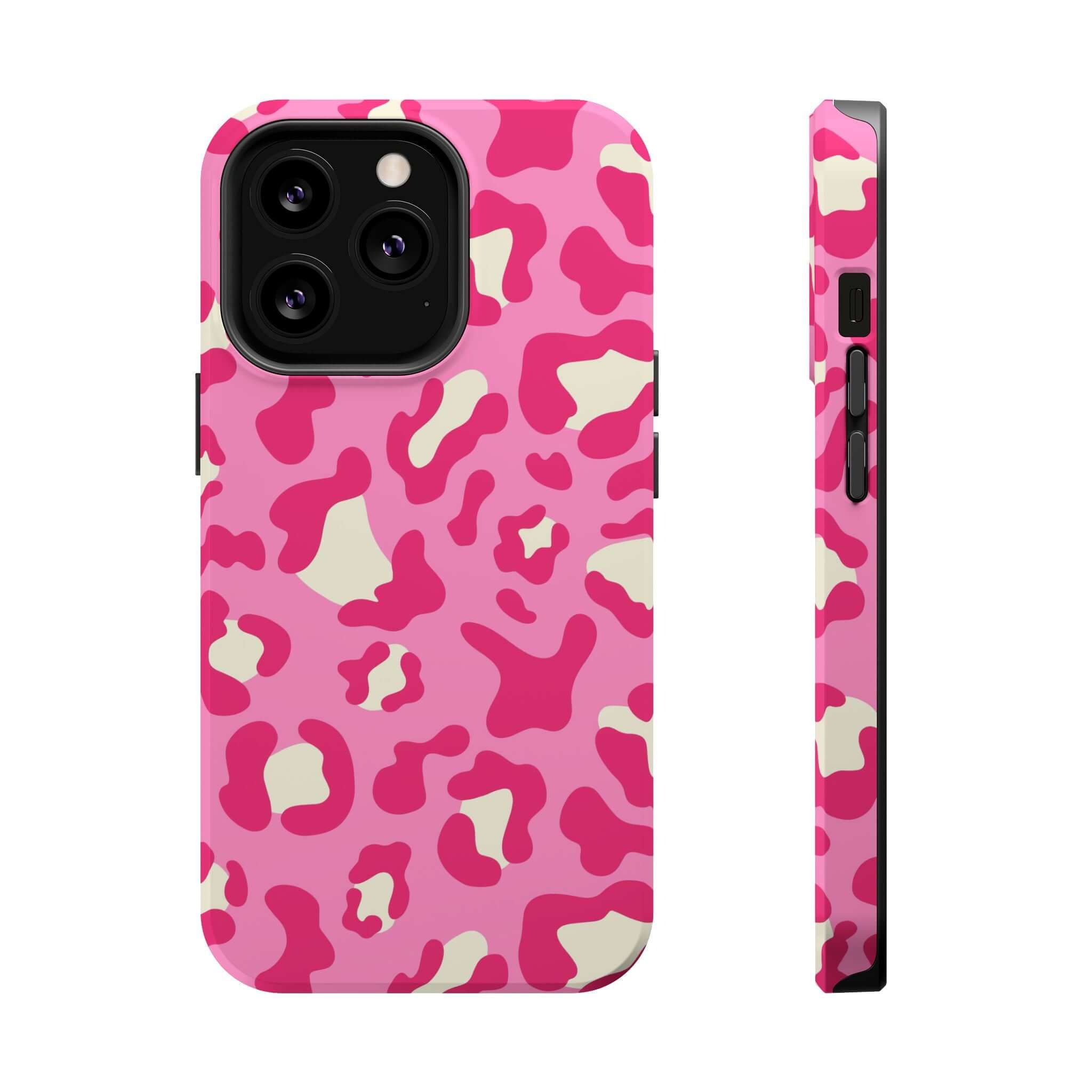 Pink Preppy Cheetah MagSafe Case for iPhone 14 Pro Max featuring a vibrant pattern, ideal phone case to enhance and protect your iPhone with style.