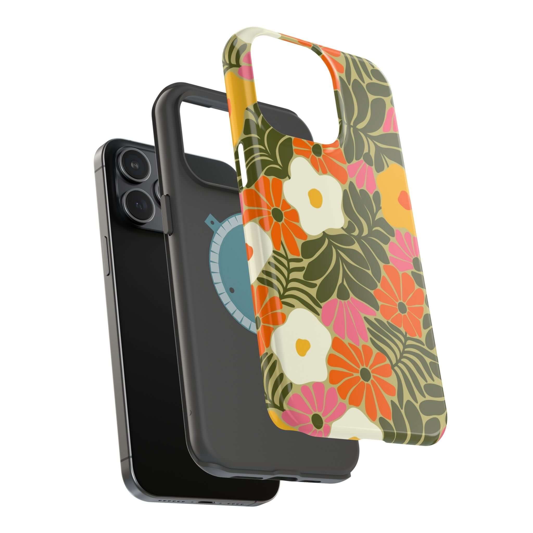 Colorful retro floral phone case for iPhone, showcasing cute beach vibes and MagSafe compatibility. Perfect cute phone cover!