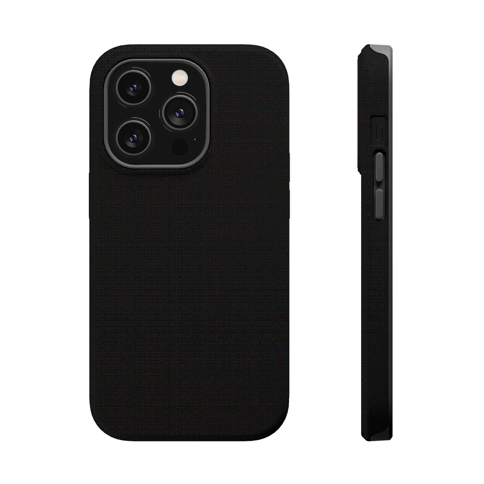 Solid black iPhone case with durable materials, showcasing front and side views, perfect for adding style and featuring free shipping.