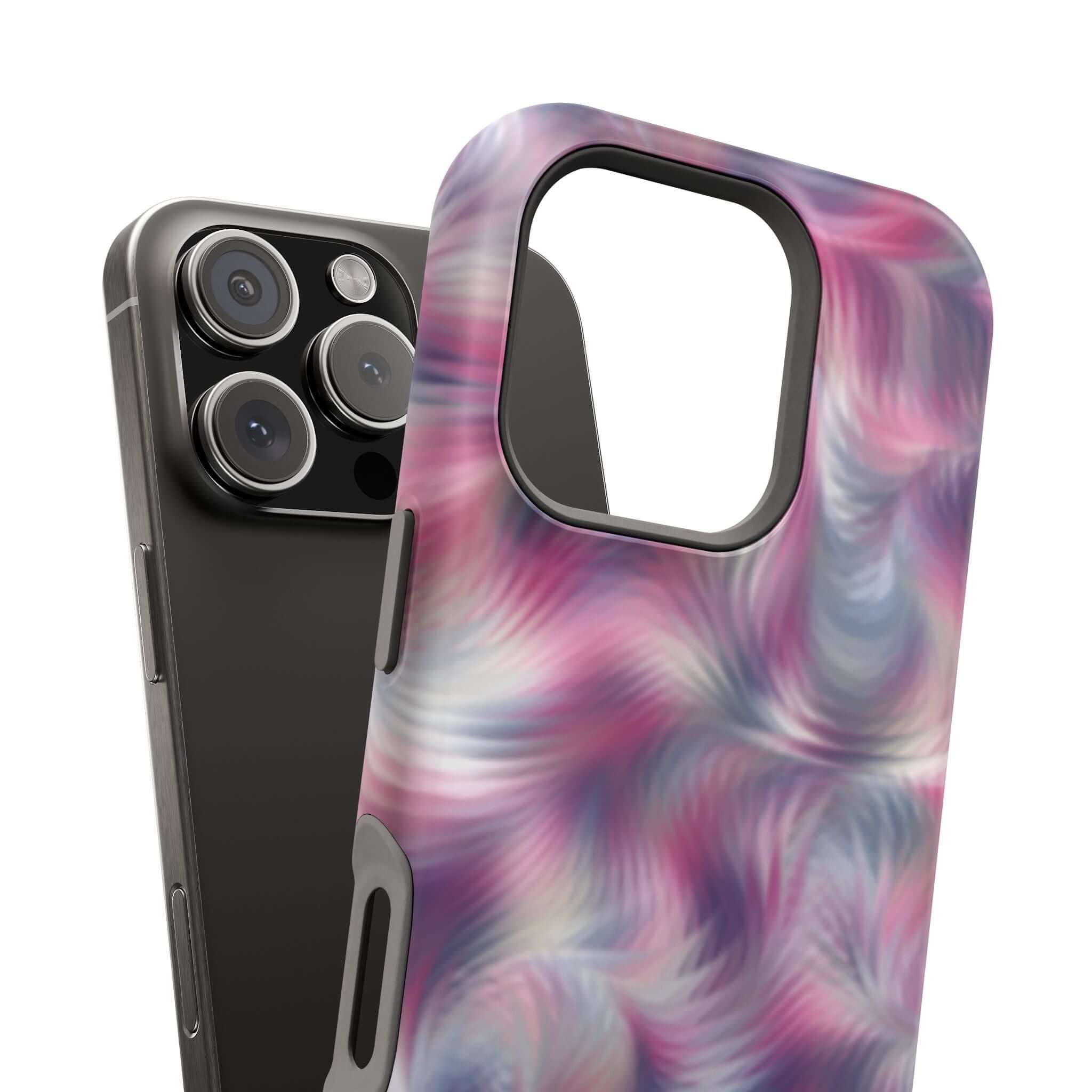 Loosing Sight purple abstract MagSafe iPhone case with tie dye swirl design, a cute phone cover showcasing playful personality.