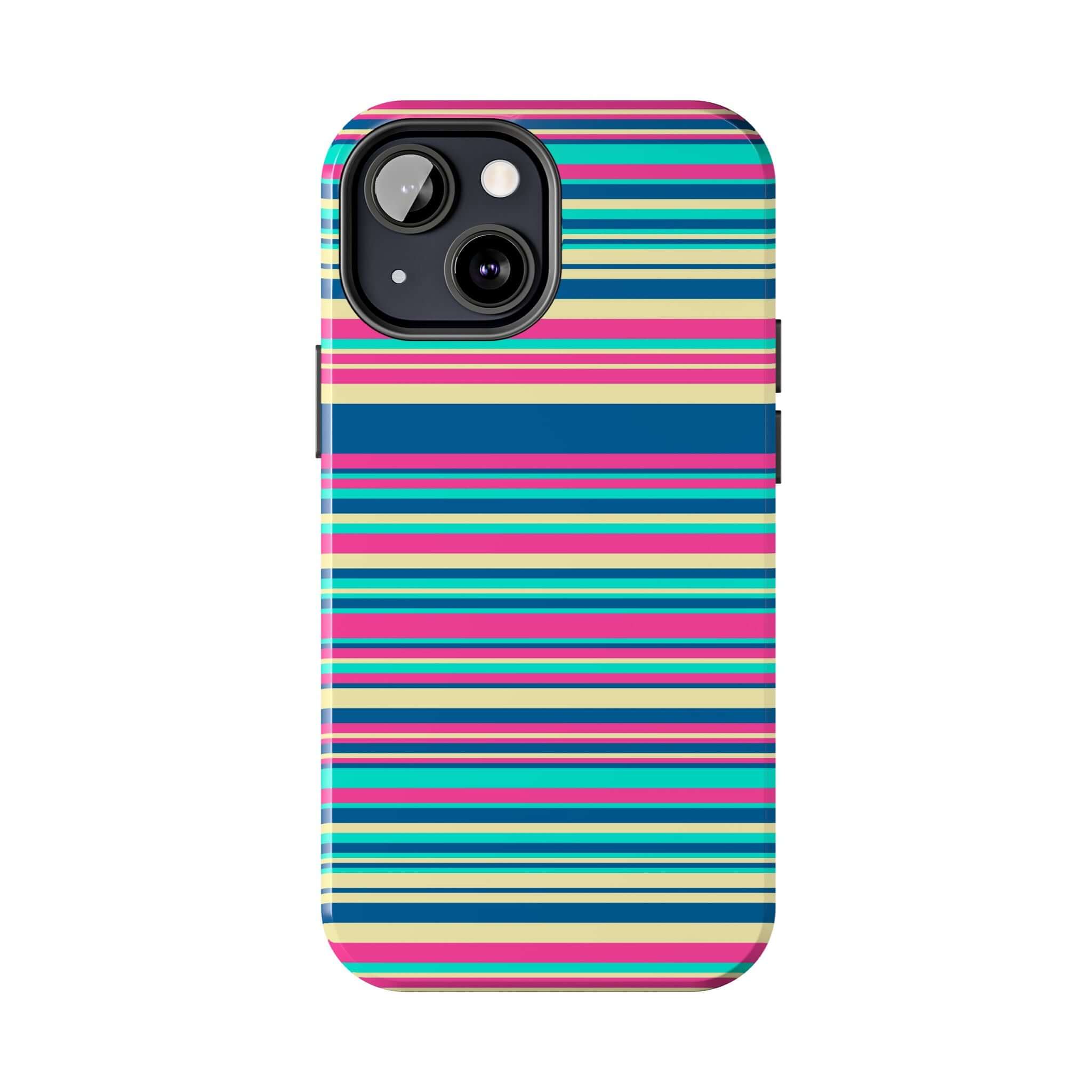 Colorful striped case for iPhone 14, iPhone 15 showing vibrant and playful design. Cute phone case perfect for adding style and protection.