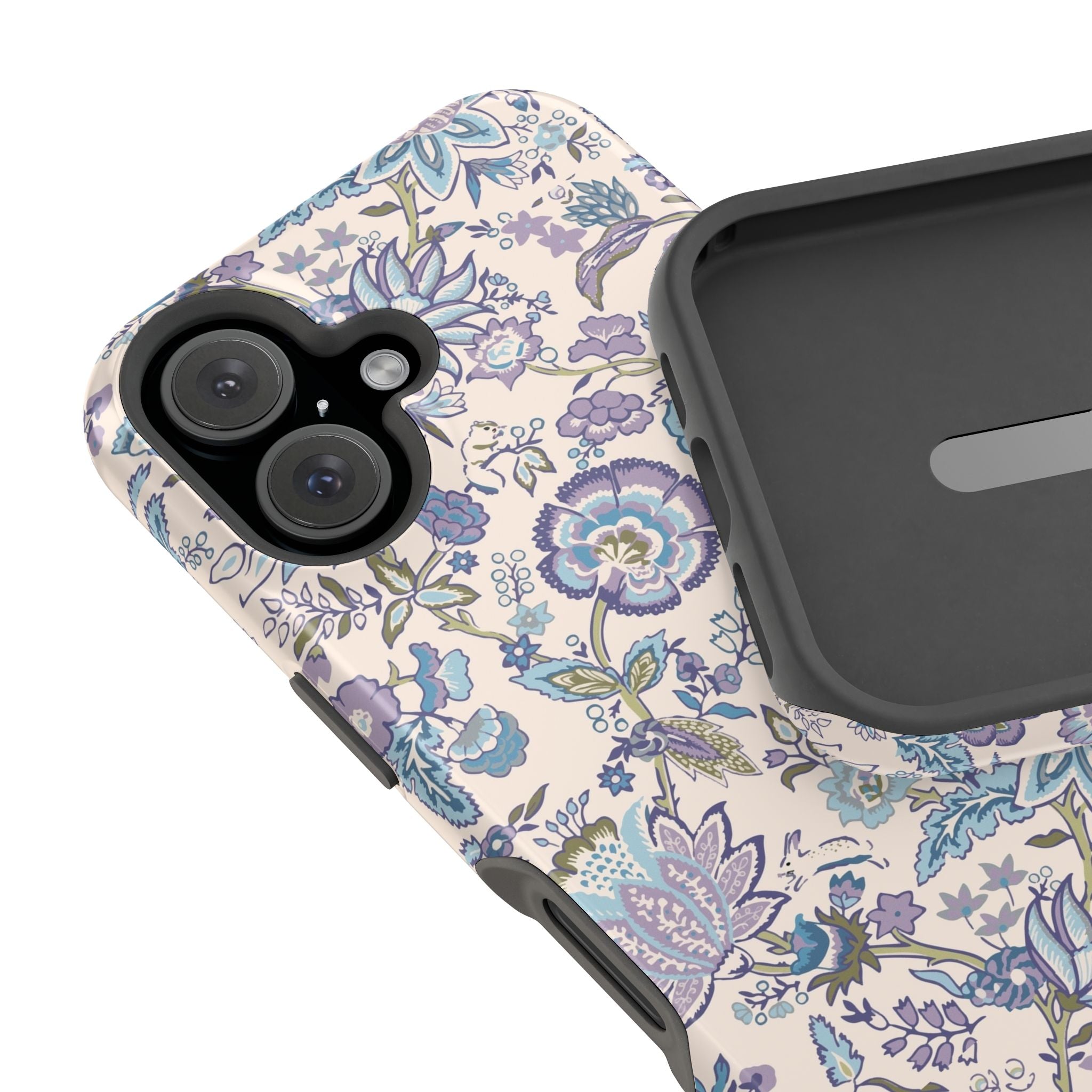 Floral MagSafe iPhone Case with blue CottageCore design, featuring a cute phone cover perfect for nature lovers.