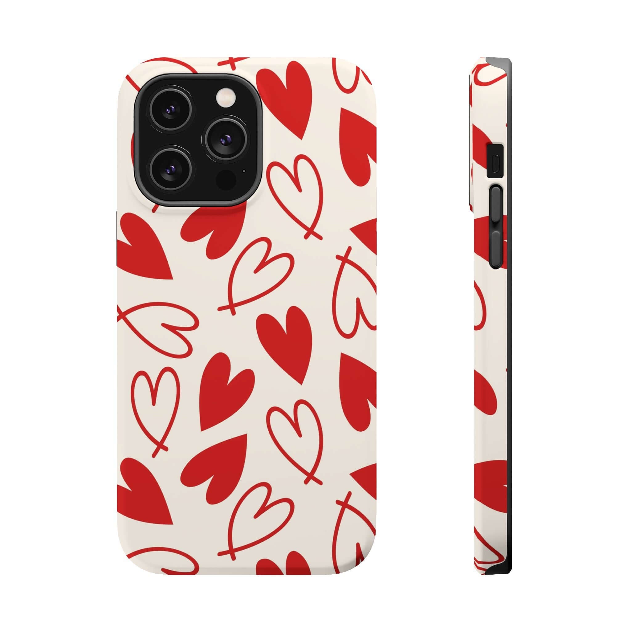 Cute phone cover with playful red hearts design on an iPhone case, perfect for showing off your love for your phone.