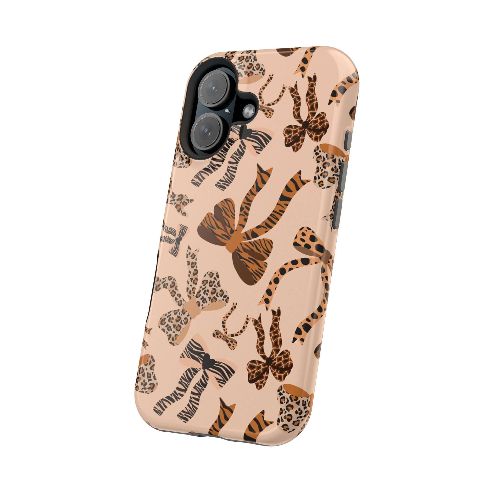 Leopard pattern iPhone case with coquette bows, MagSafe compatible, colorful and cute design, abstract style phone accessory.