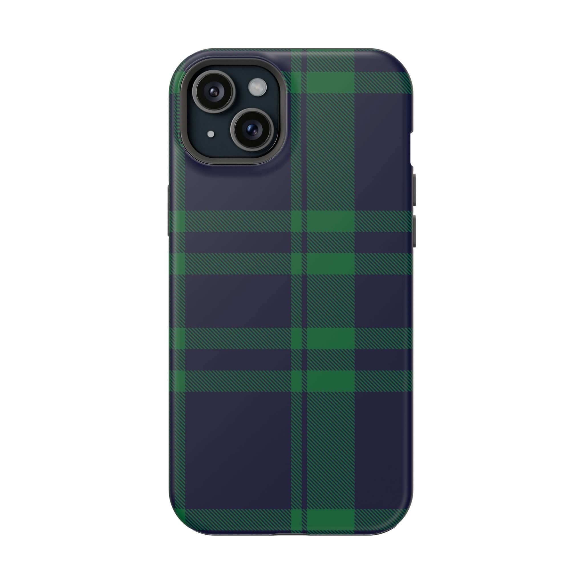 Cute Mistletoe Plaid MagSafe Case for iPhone, featuring a festive green and navy plaid pattern for holiday cheer.