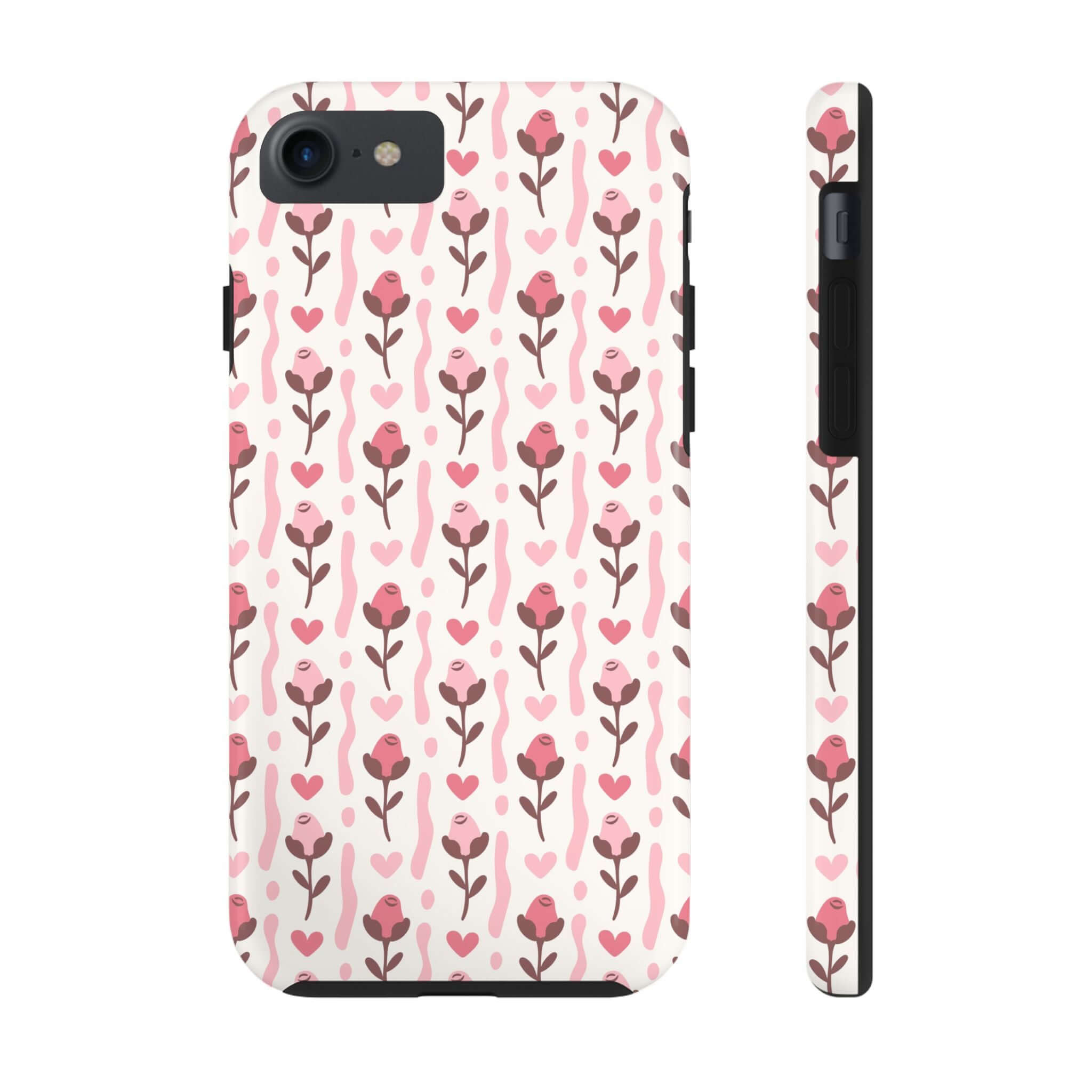 Cute iPhone case with red rose design and hearts, custom phone cover for iPhone, free shipping available.