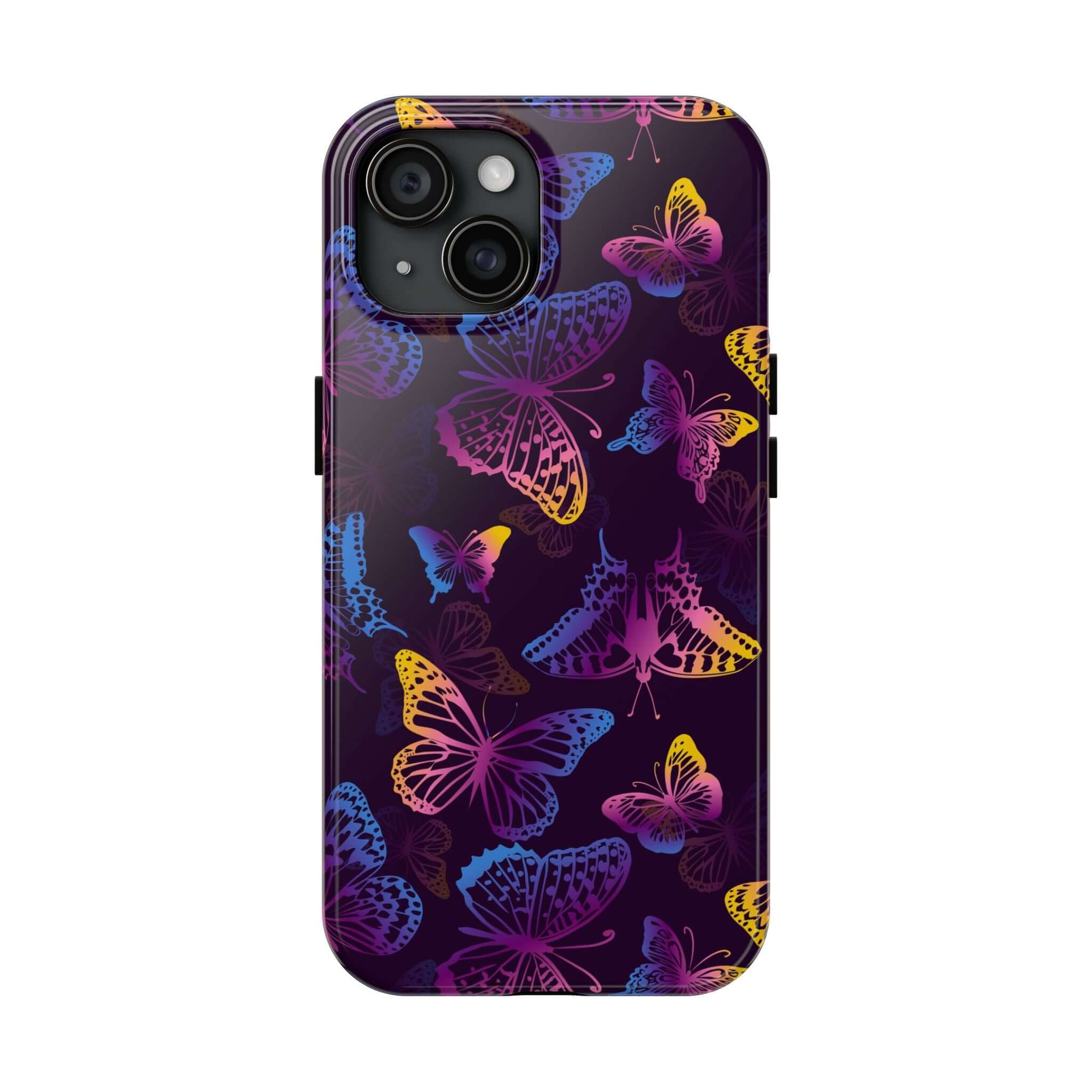 Midnight Flutter black butterfly MagSafe iPhone case, cute floral phone cover with vibrant butterflies, bold accessory.