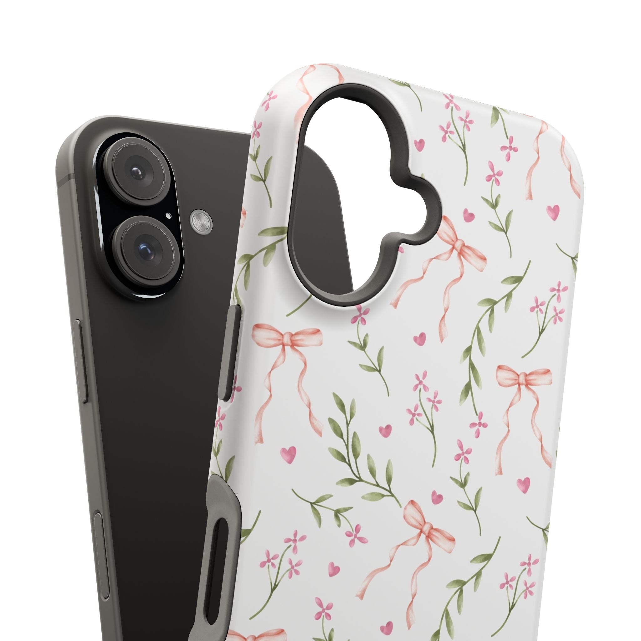 Pink Coquette MagSafe iPhone Case with floral design, charming bows, and playful pink hue. Cute phone cover by Darling Daydream.