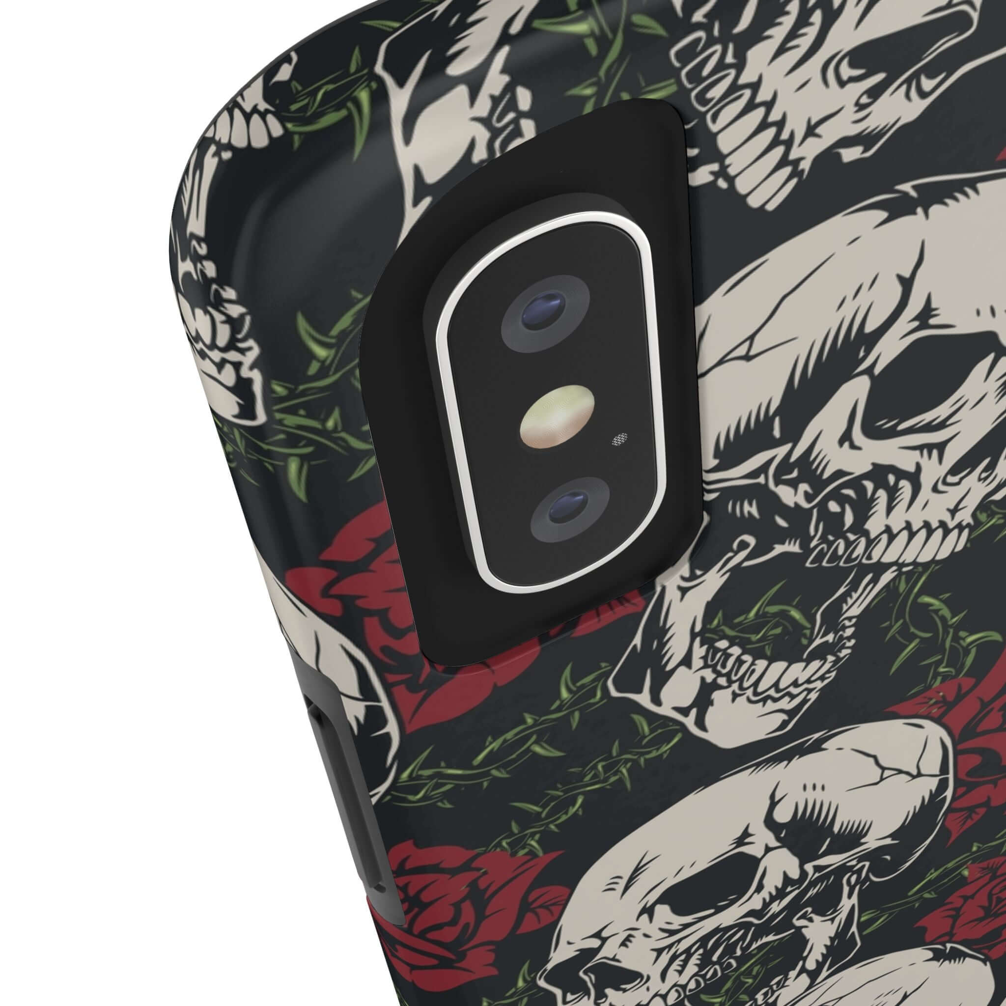 Cute MagSafe iPhone 16 case with rebellious biker design featuring skulls and roses for a protective, stylish vibe.