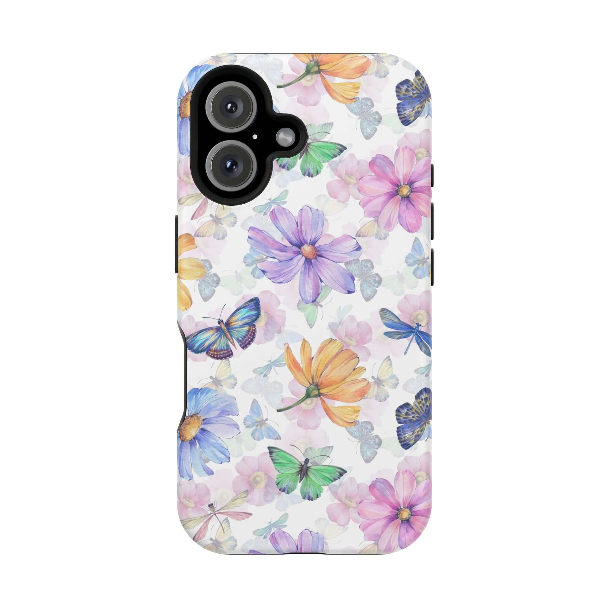 Cute MagSafe iPhone 16 case with watercolor butterfly and flower design, adorable and protective phone case for whimsical style