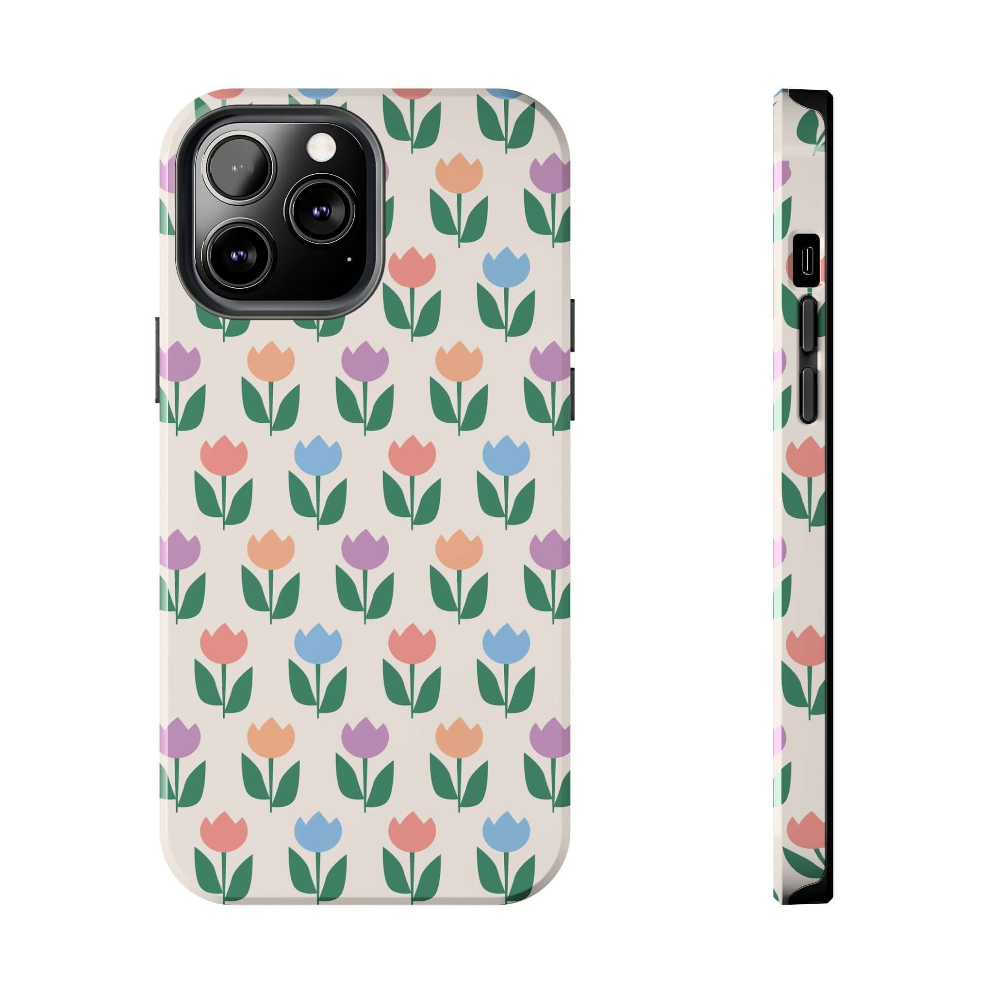 iPhone 14 Pro Max Tulip Case with colorful floral pattern, showcasing playful tulip designs in vibrant colors for a cheerful look.